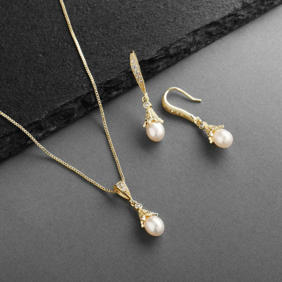 Mariell Mariell Gold Wedding Necklace & Earrings Jewelry Set With Freshwater Pearl For Bridesmaids & Brides Jewelry Sets