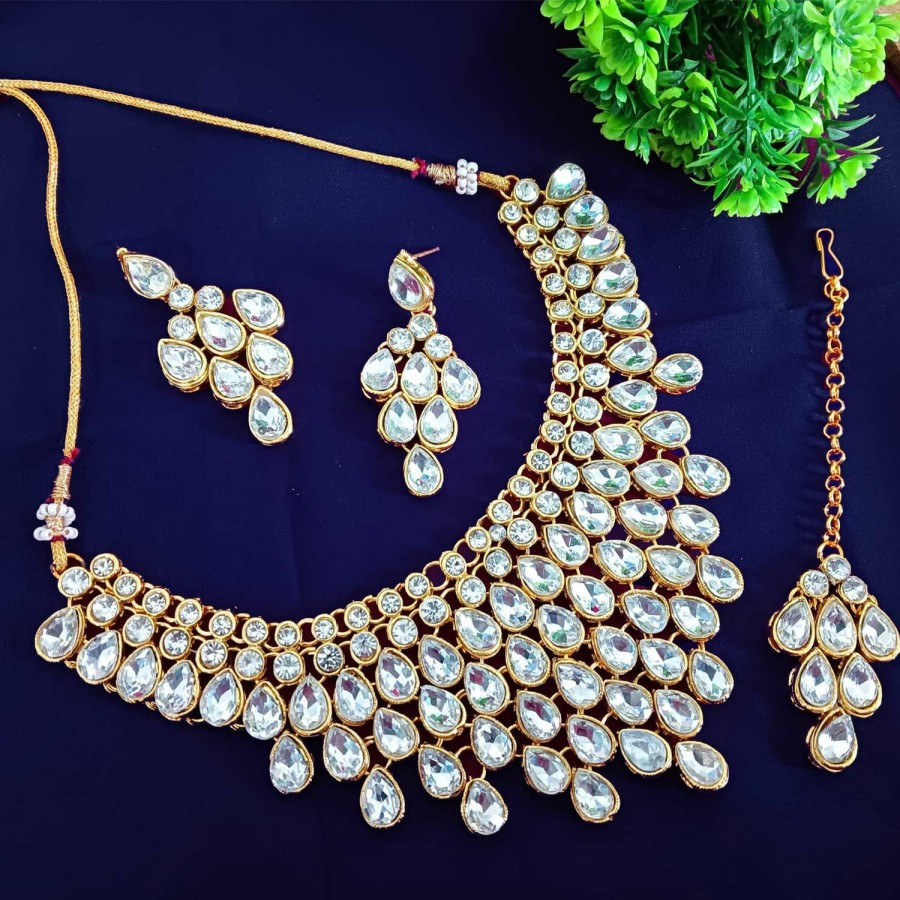 Efulgenz Efulgenz Indian Jewelry Sets For Women Bollywood Jewelry Indian Crystal Rhinestone Choker Neckalce Earrings Maangtikka Wedding Bridal Jewelry Set Jewelry Sets