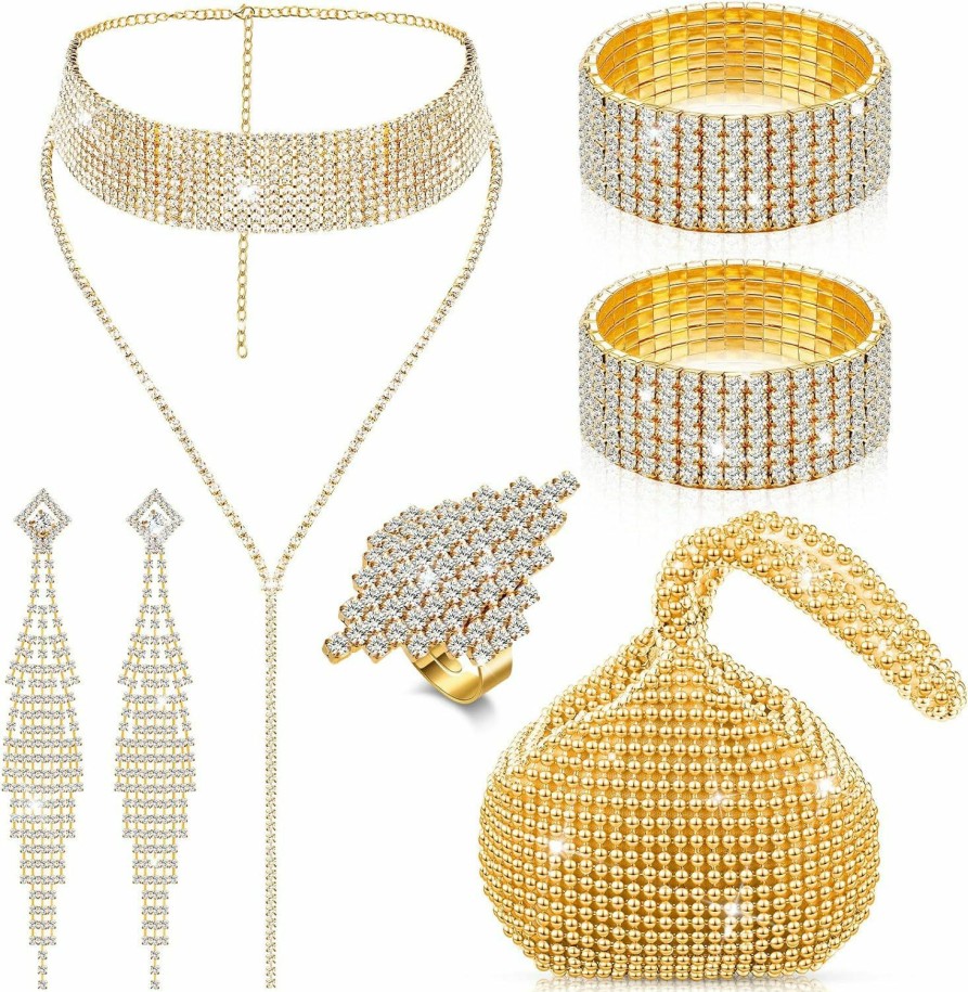 Sureio 6 Pieces Women Crystal Jewelry Set Including Rhinestone Choker Stretch Bracelets Dangle Earrings Women Ring Rhinestone Handbag For Wedding Party Jewelry Sets