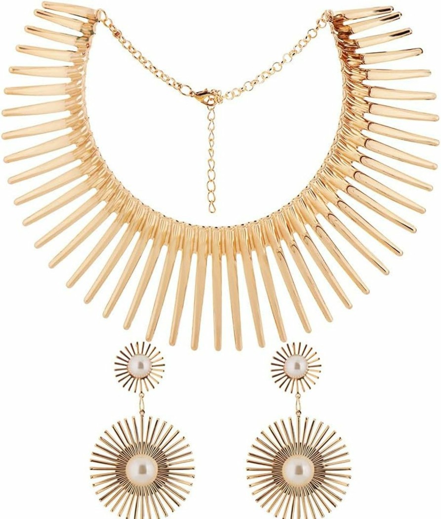 Fstrend Fstrend Collar Choker Necklace Earrings Set Gold Flower Statement African Canine Tooth Shape Necklace Cleopatra Costumes Jewelry Accessories For Women And Girls Jewelry Sets