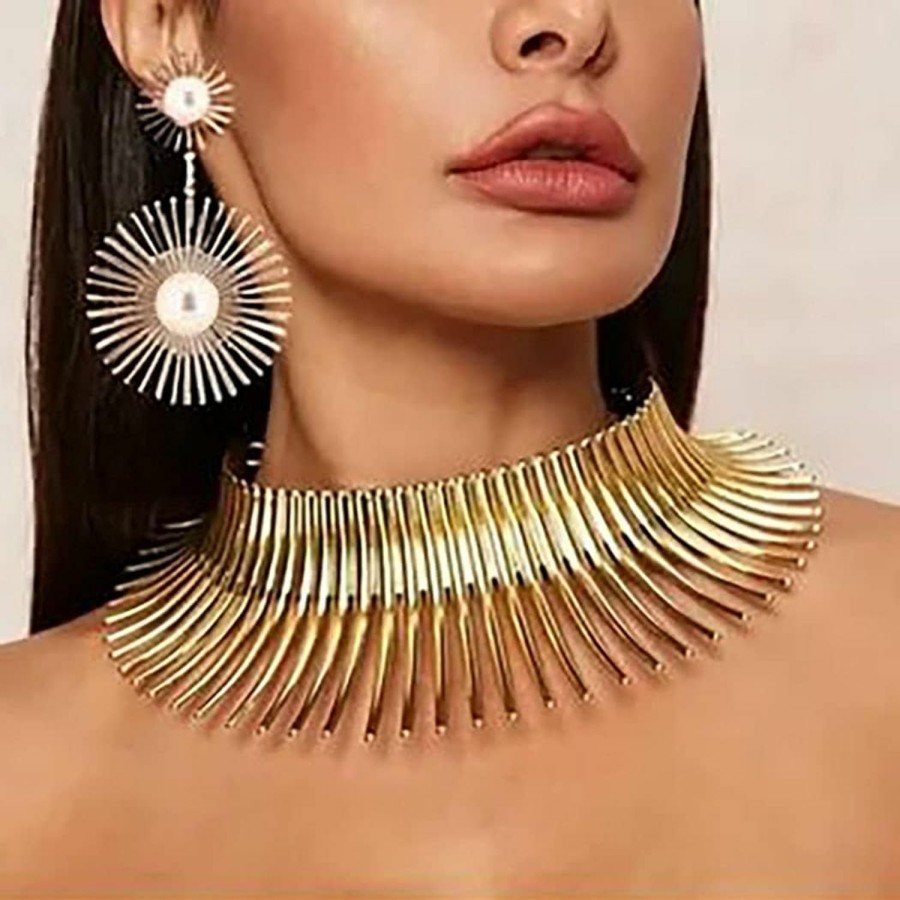 Fstrend Fstrend Collar Choker Necklace Earrings Set Gold Flower Statement African Canine Tooth Shape Necklace Cleopatra Costumes Jewelry Accessories For Women And Girls Jewelry Sets