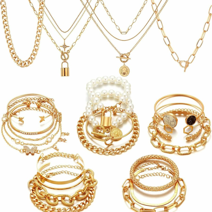 Junkin Junkin 24 Pieces Boho Crystal Bracelets Set For Women And Girl Boho Gold Bangle Bracelet Set Gold Layered Chain Necklace Jewelry Set For Women Y2K Jewelry Set Jewelry Sets