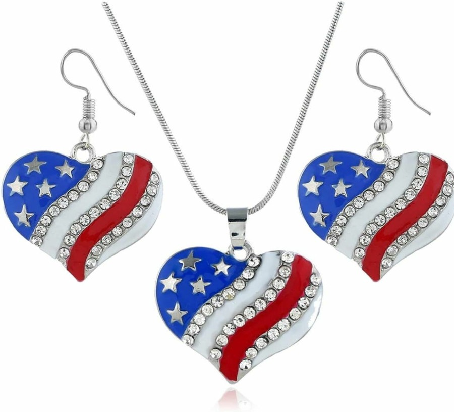 IMIKE Imike 4Th Of July Usa American Flag Patriotic Independence Day Pendant Necklace Earrings Set Jewelry Sets