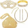 Junkin Junkin 5 Pcs Rhinestone Masquerade Mask Women Crystal Jewelry Set Glitter Purse Clutch Bling Necklace Bride Choker Bangle Bracelet Dangle Earrings Set For Women Party Wedding Jewelry Sets