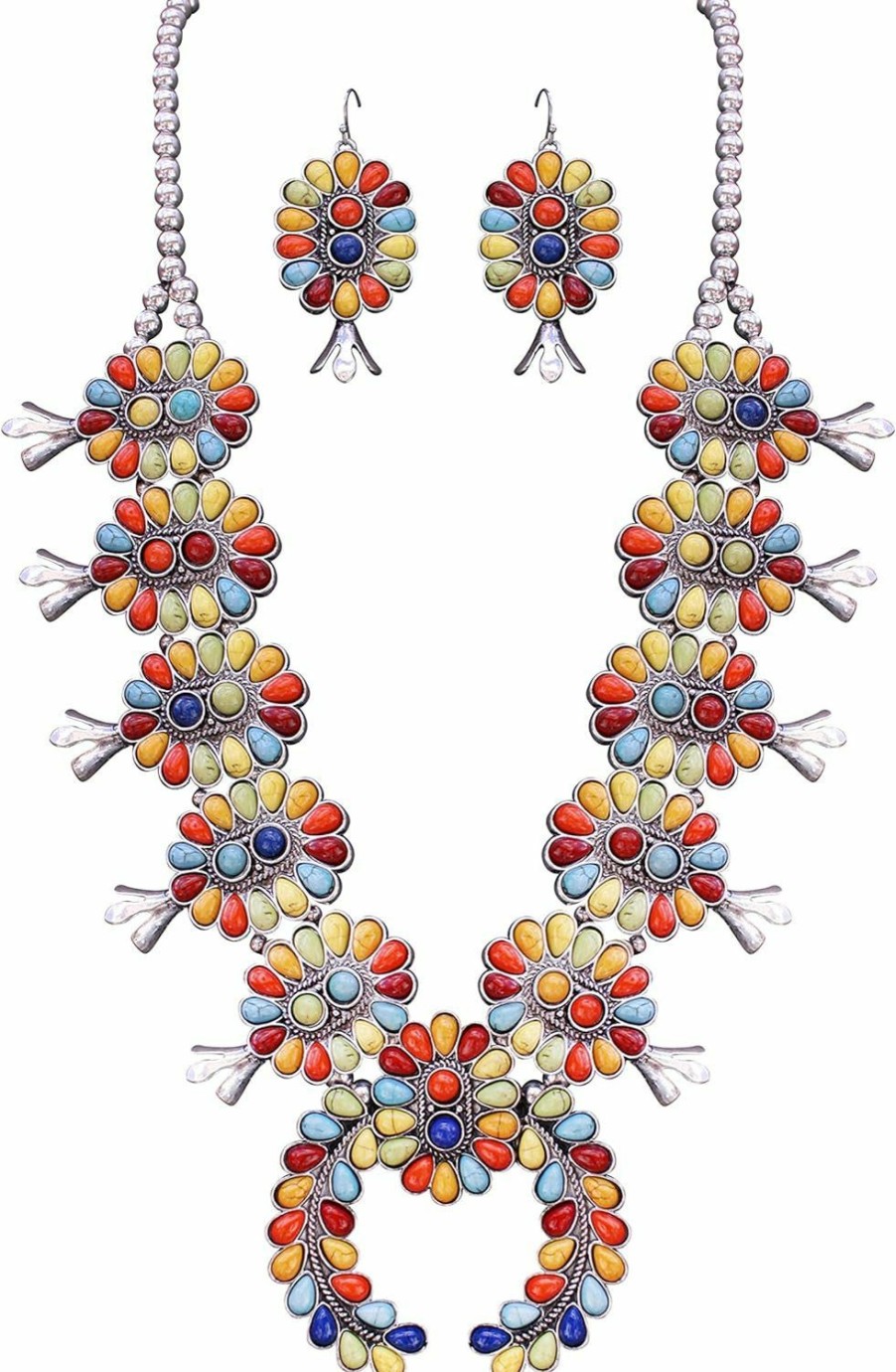 Wonderent Turquoise Vintage Squash Blossom Metal Statement Necklace/W Earrings No.2005M Jewelry Sets