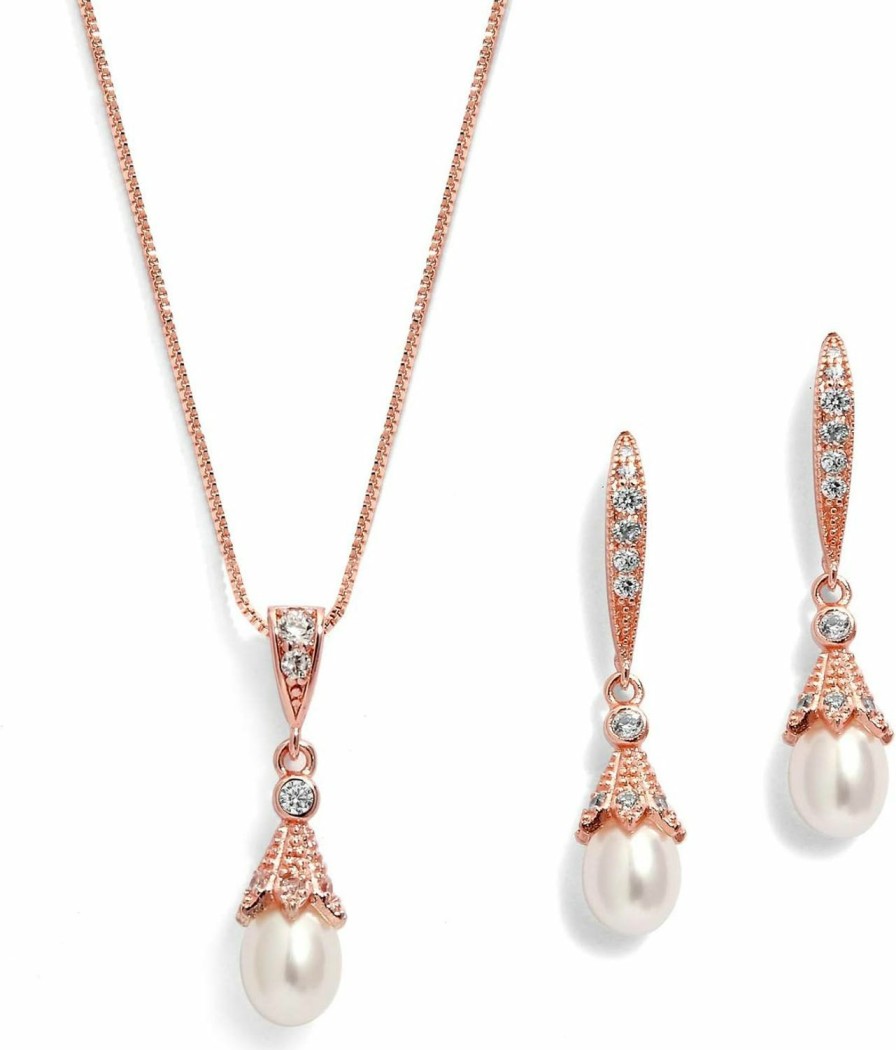 Mariell Mariell Rose Gold Wedding Necklace & Earrings Jewelry Set With Freshwater Pearl For Bridesmaids & Brides Jewelry Sets