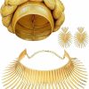 Yinkin Yinkin African Jewelry Set For Women Party Gold Statement Earrings Collar Bib Necklaces African Turban Head Wrap For Theme Party Jewelry Sets