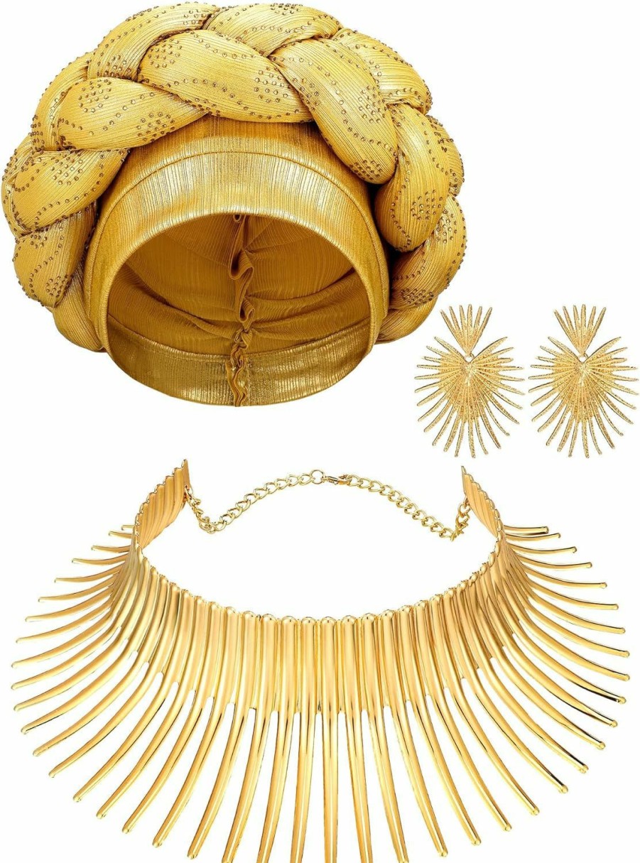 Yinkin Yinkin African Jewelry Set For Women Party Gold Statement Earrings Collar Bib Necklaces African Turban Head Wrap For Theme Party Jewelry Sets