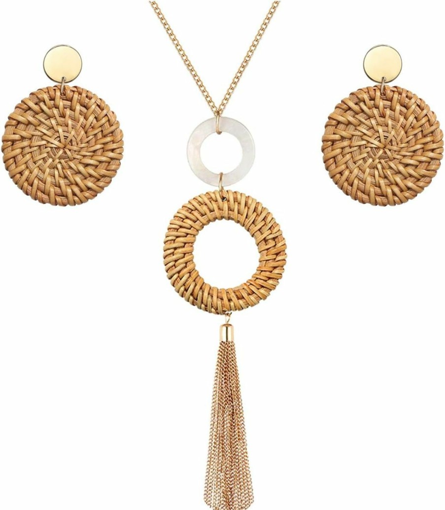 UYT Long Necklace And Rattan Earrings Set For Women Handmade Long Tassel Rattan Necklace Wicker Earring Lightweight Weave Statement Jewelry Jewelry Sets