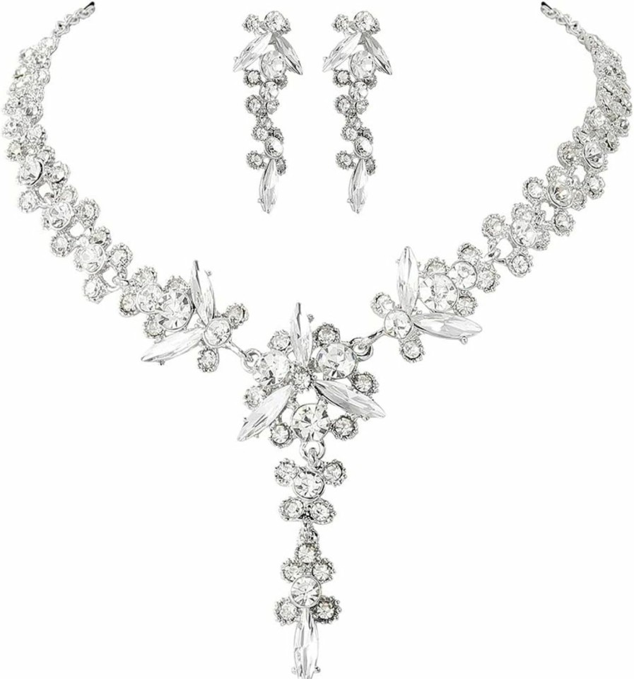 Yean Yean Bride Necklace Earrings Set Crystal Bridal Wedding Jewelry Sets Rhinestone Party Choker Necklace Prom Costume Jewelry For Women And Girls Jewelry Sets