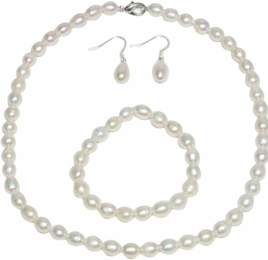 Gem Stone King Gem Stone King 3Pc Cultured Freshwater White Pearl Necklace Bracelet Earring Set For Women, Wedding Pearl Jewelry Sets For Bride Bridesmaid Women Girls, Mothers Day Birthday Valentine'S Day Gifts Jewelry Sets