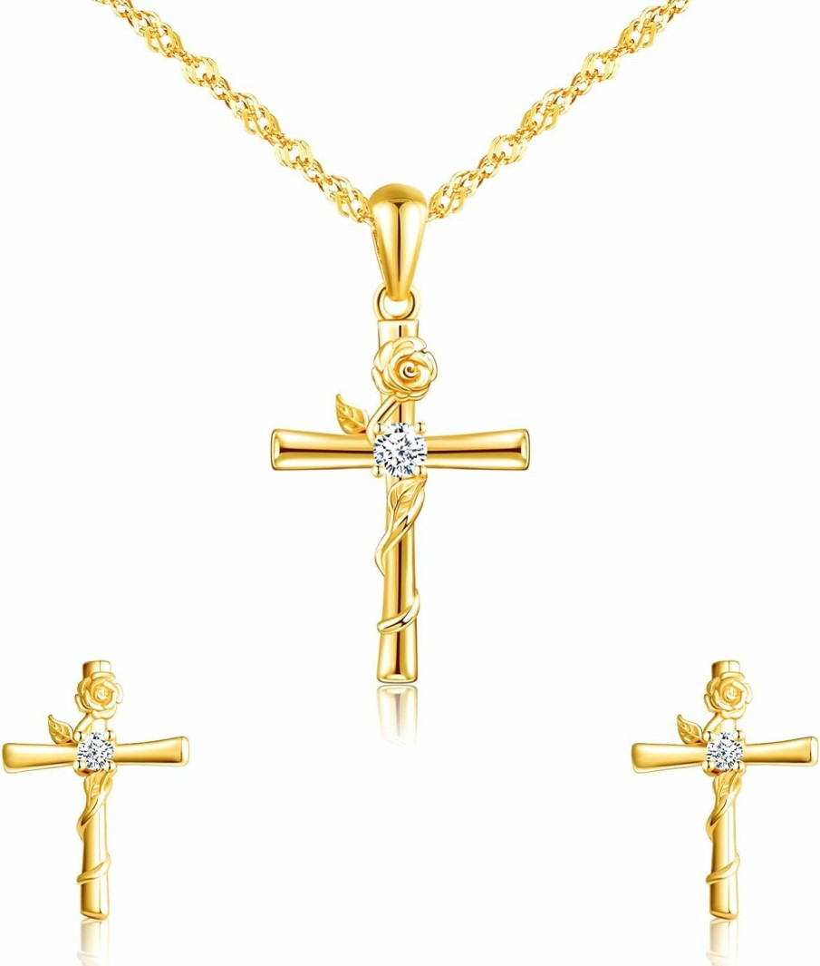 Yumilok Yumilok Zircon Rose Cross Necklace And Earring Sets For Women Girls' Jewelry Set Sterling Silver Cross Pendant Stud Earrings Small Dainty Flower Necklace For Teen Friend Mom Birthday Aniversario Gift Jewelry Sets