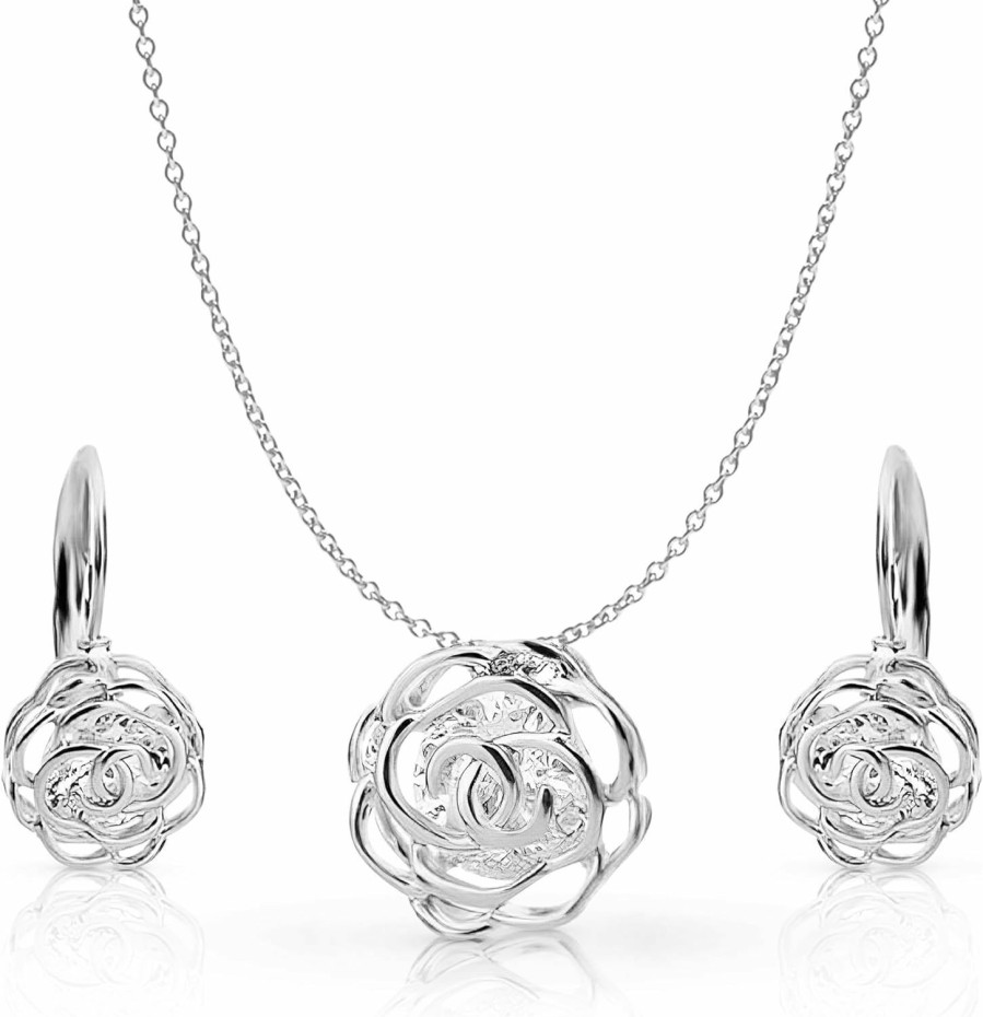 Crystalline Azuria Crystalline Azuria Women 18K Gold Plated White Crystal Roses Flowers Necklace And Earrings Set For Women Wedding Party Bridal Bridesmaid Accessories Jewelry Sets