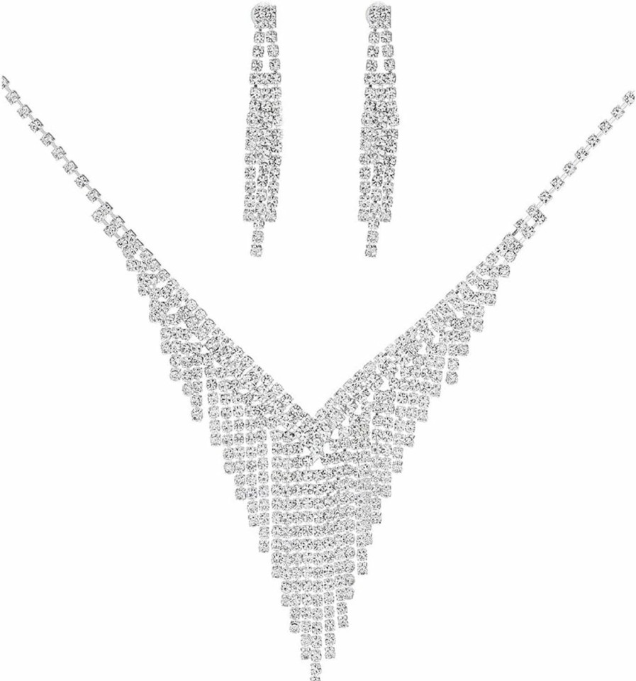 Coxiva Coxiva Prom Jewelry Rhinestone Crystal Sets For Women Necklace Earrings Pendant Silver Long Tassel Dangle Earring Fringe Chain Necklaces For Bridal Bridesmaid Lady Ball Party Club Jewelry Sets