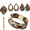 REDANHA Redanha 4 Pieces Leopard Jewelry Set Bohemia Earrings Bracelets Necklace Multilayer Leather Cuff Bracelet Long Tassel Leopard Print Pendant Necklace Teardrop Dangle Drop Earrings For Women Girls Jewelry Sets