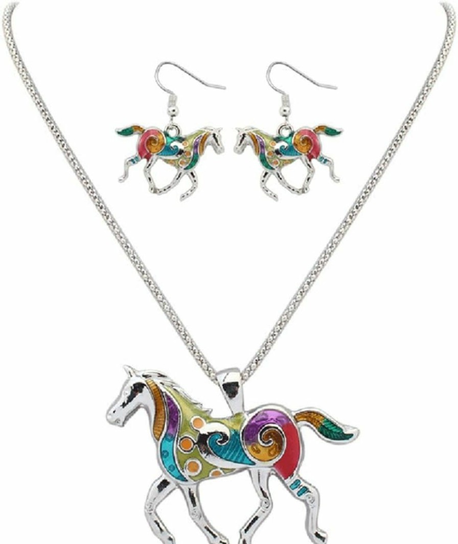 YINLI Yinli Charms Enamel Rainbow Horse Pendant Necklace With Earrings Jewelry Sets Jewelry Sets