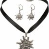 Alpenflustern Alpenflustern Traditional Bavarian Jewelry Set Satin Ribbon Necklace And Earrings Rhinestone Edelweiss, Ladies Costume Jewelry, Traditional German Flower Pendant, Dirndl, Oktoberfest (Black) Jewelry Sets