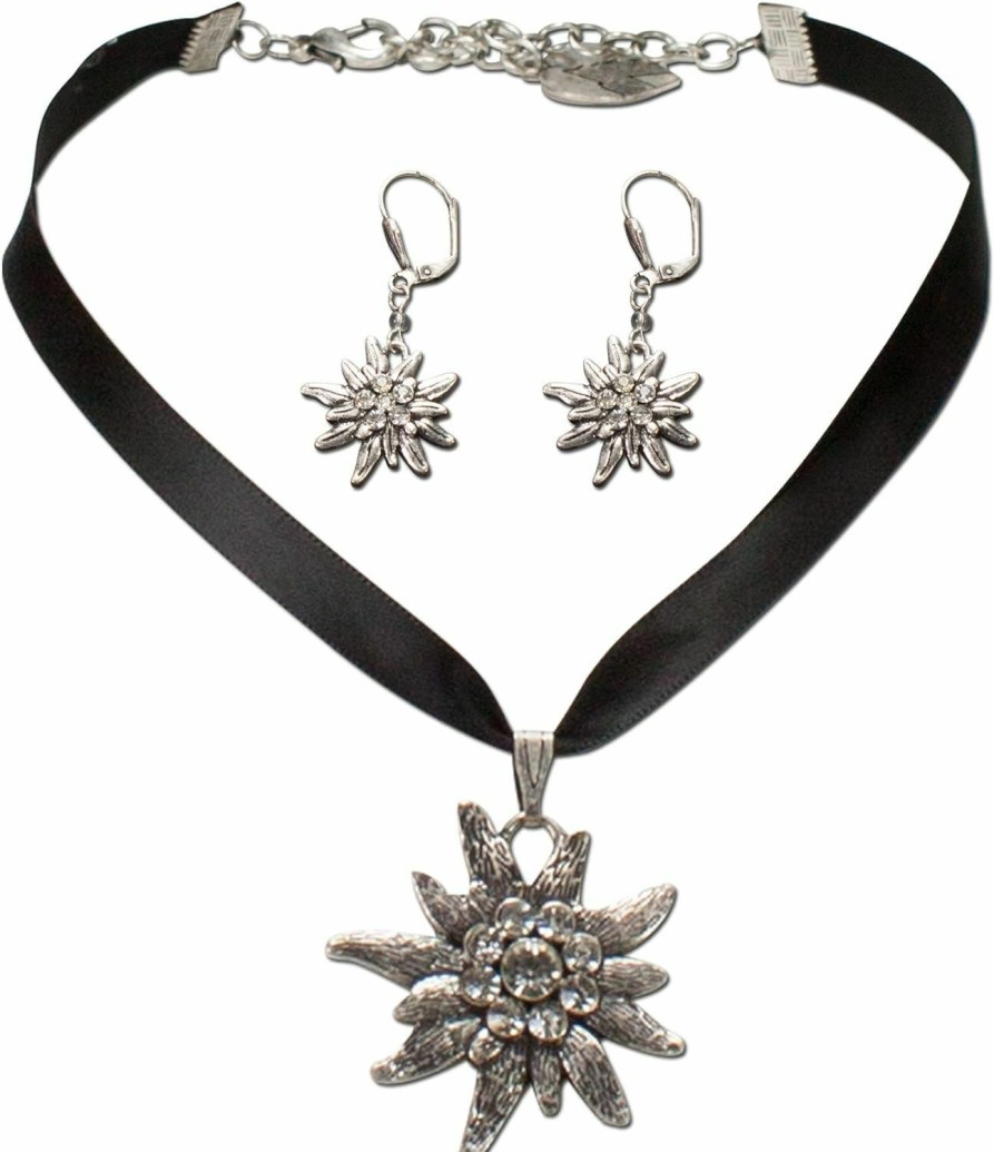 Alpenflustern Alpenflustern Traditional Bavarian Jewelry Set Satin Ribbon Necklace And Earrings Rhinestone Edelweiss, Ladies Costume Jewelry, Traditional German Flower Pendant, Dirndl, Oktoberfest (Black) Jewelry Sets