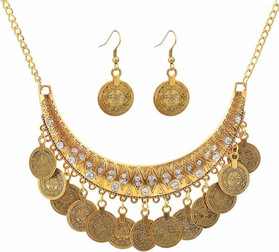 QIAN0813 Qian0813 Dancing Gypsy Jewelry Ethnic Coin Bib Necklace Drop Earring 2 Pcs Jewelry Set Women Exotic Bohemian Accessories Jewelry Sets