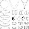 Sanfenly Sanfenly Jewelry Set With 3 Pcs Necklaces, 5 Pcs Bracelets, 3 Pairs Hoop Earrings, 10 Pcs Chunky Rings Jewelry Pack For Women Valentine Anniversary Birthday Friendship Gift Jewelry Sets