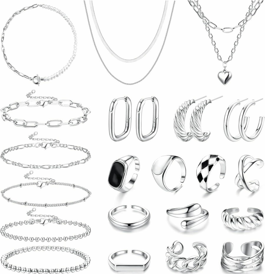 Sanfenly Sanfenly Jewelry Set With 3 Pcs Necklaces, 5 Pcs Bracelets, 3 Pairs Hoop Earrings, 10 Pcs Chunky Rings Jewelry Pack For Women Valentine Anniversary Birthday Friendship Gift Jewelry Sets