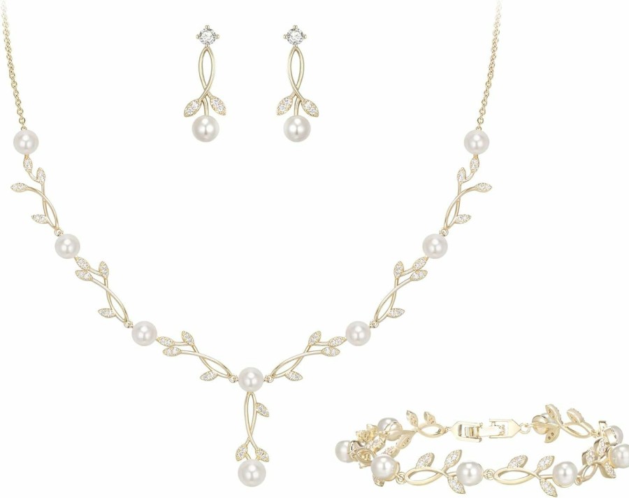 EVER FAITH Ever Faith Bridal Cubic Zirconia Jewelry Set For Women, White Simulated Pearl Leaf Vine Pendant Wedding Party Necklace Earrings Set For Bridesmaid Bride Jewelry Sets