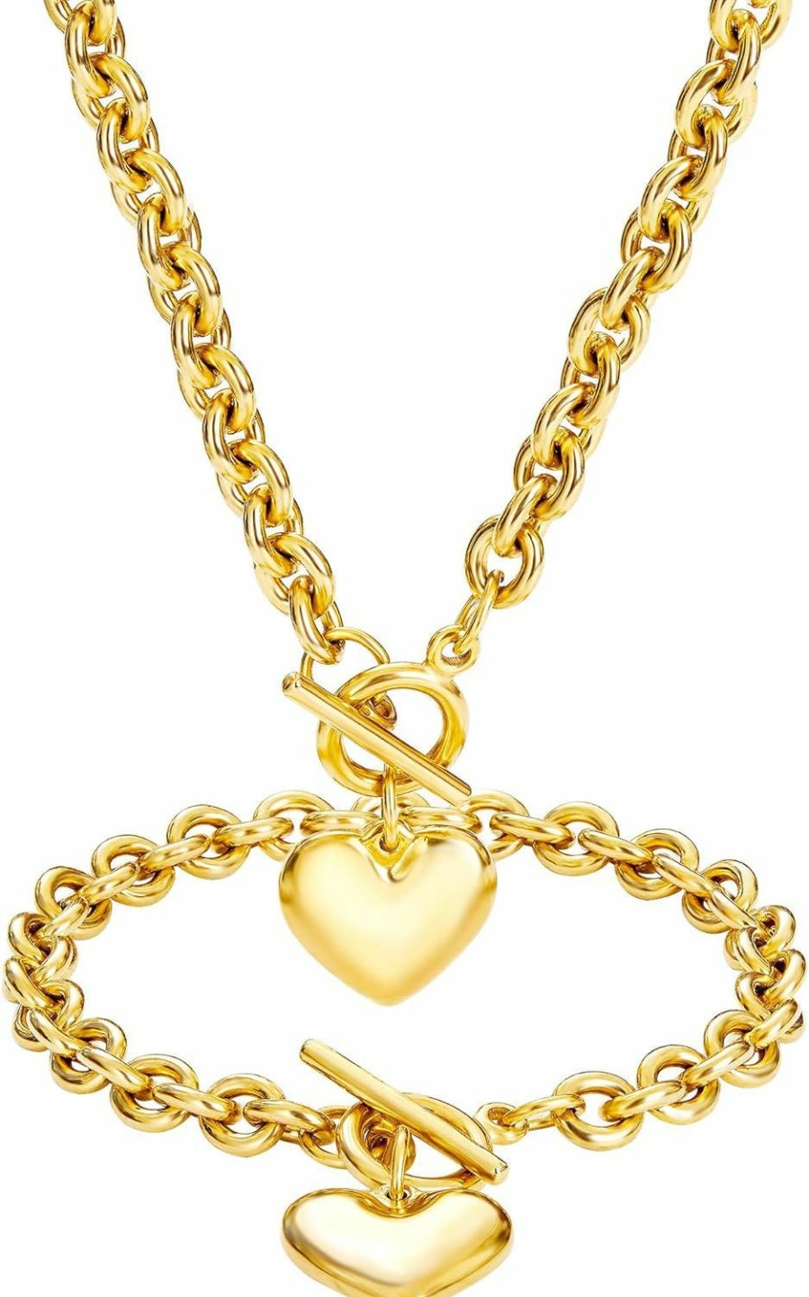 WinTrend Wintrend Heart Pendant Bracelet & Necklace For Women Girls 316L Stainless Steel Silver Chain Necklace With Toggle Clasp (Bracelet Of 8\", Necklace Of 18\") Jewelry Sets