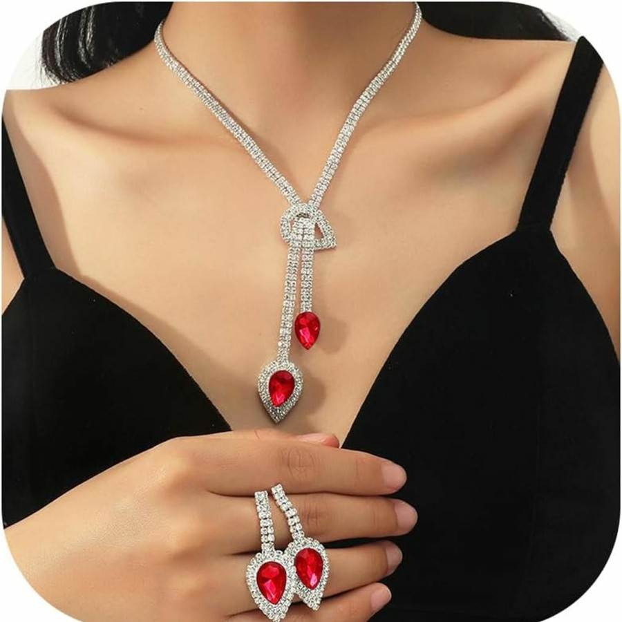 YANCHUN Yanchun Silver Red Blue Black Jewelry Set Prom Earrings Necklace For Women Formal Necklace Wedding Jewelry Sets For Mother Of Bride Bridesmaid Accessories Jewelry Sets