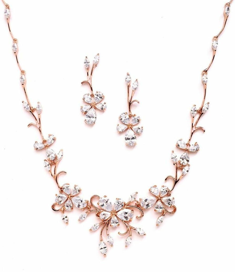 Mariell Mariell Elegant Cubic Zirconia Crystal Floral Vine Rose Gold Necklace And Earrings Set, Blush Gold Cz Jewelry Set For Weddings, Brides & Formals Jewelry Sets