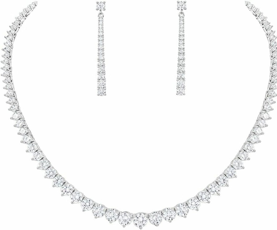 WMHaiMo Wmhaimo Women Cubic Zirconia Round Cut Cz Bridal Necklace And Dangle Earrings Set For Bride Wedding Jewelry Sets