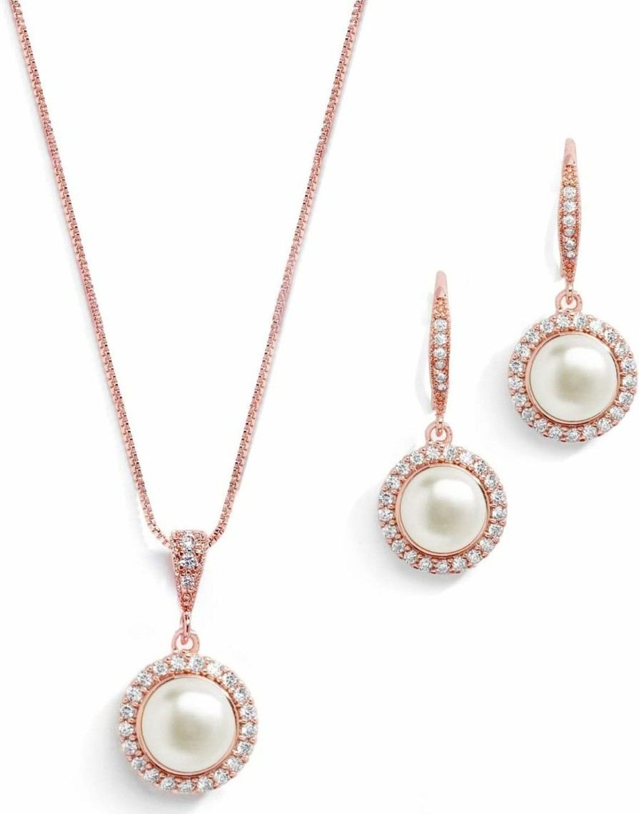 Mariell Mariell Pearl Bridal Wedding Necklace & Earrings Jewelry Set For Brides, Bridesmaids, Rose Gold Jewelry Jewelry Sets