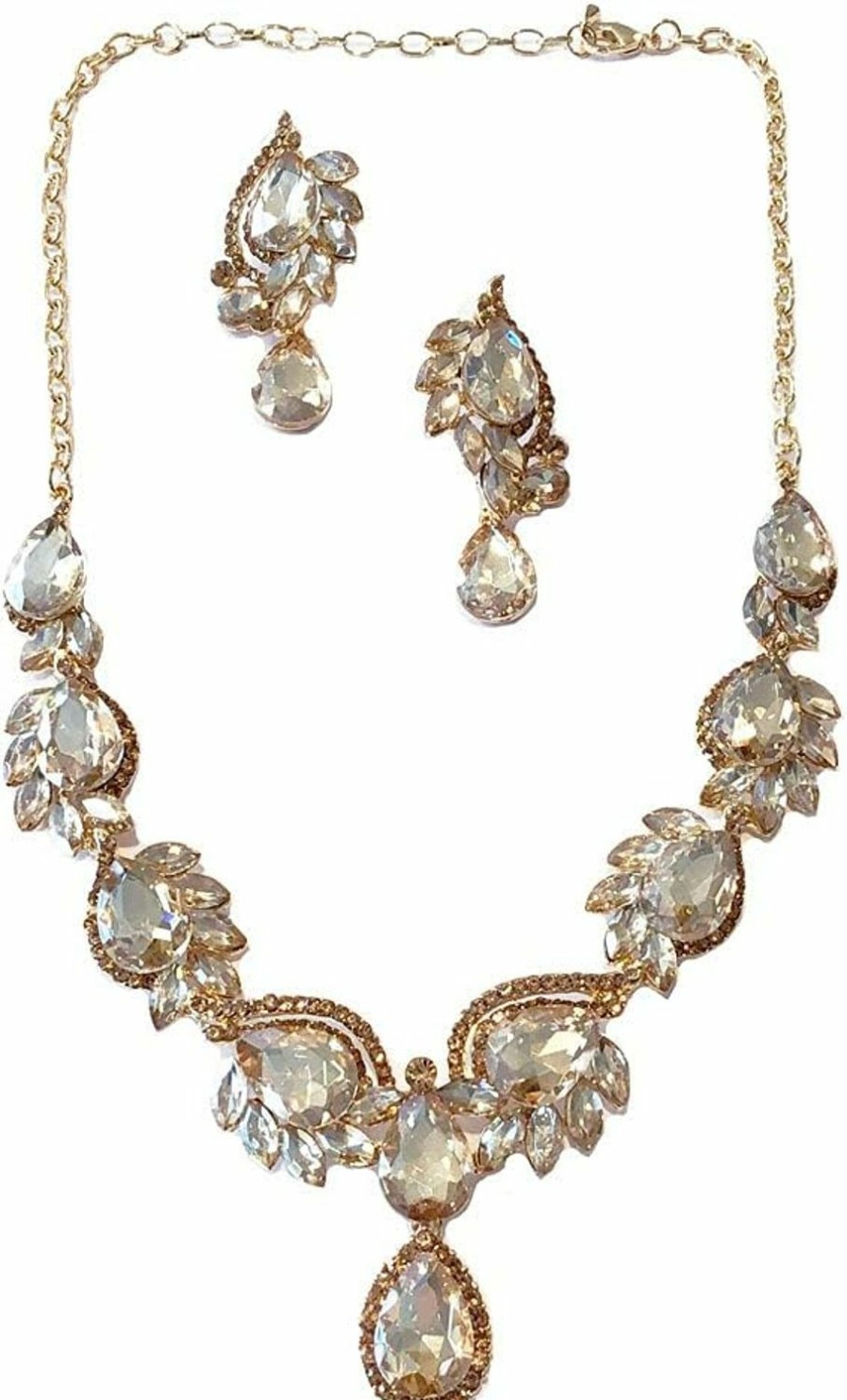 Secret for Longevity Secret For Longevity Gold Tone Antique Art Deco Vintage Retro Style Flapper Gatsby Champagne Amber Yellow Citrine Rhinestone Statement Wedding Bridal Prom Necklace Earring Set Jewelry Sets