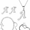 Loqimu 4 Pack Stainless Steel Initial A Necklace For Women Girls Letter Rings Link Chain Bracelet Alphabet Earrings Studs Gift Silver Jewelry Set (A) Jewelry Sets