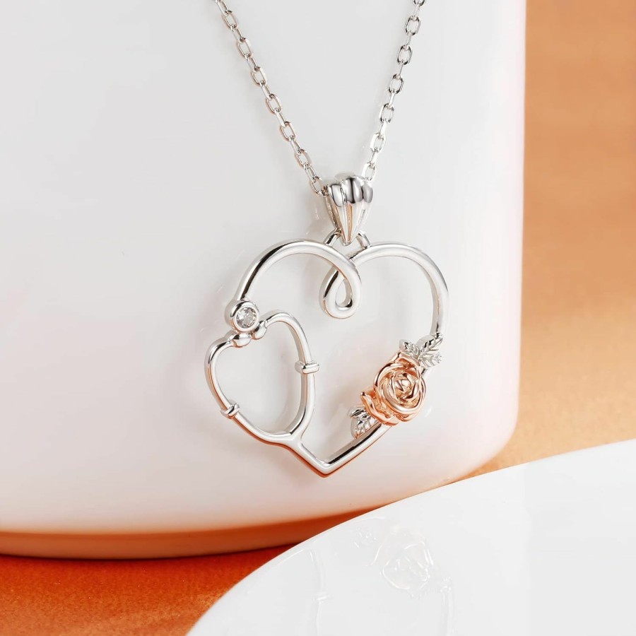 HongZhuan Jewelry 925 Sterling Silver Nurse Necklace Ring Stethoscope Jewelry Set Gifts For Nurse Graduation Doctor Medical Student Jewelry Sets