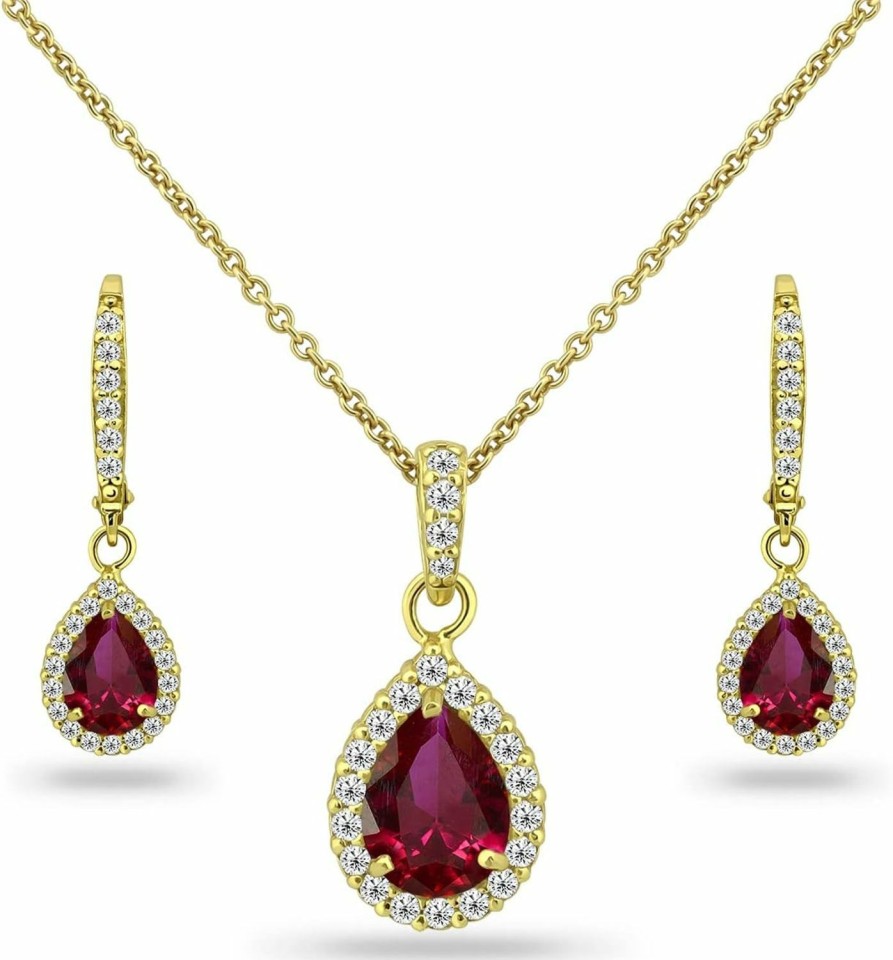 B. BRILLIANT B. Brilliant Sterling Silver Genuine, Simulated Gemstone Halo Dainty Pear Teardrop Necklace & Earrings Jewelry Set For Women Girls With Gift Box Jewelry Sets