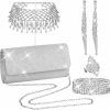 Hiwooii Hiwooii 5 Pieces Sliver Women Rhinestone Crystal Jewelry Set Includes Rhinestone Choker Necklace Clutch Purse Bracelet Ring Dangle Fringe Earrings For Wedding Christmas Party Jewelry Sets