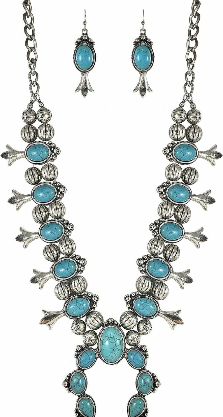 Wonderent Turquoise Squash Blossom Vintage Metal Statement Necklace/W Earrings No.95 Jewelry Sets