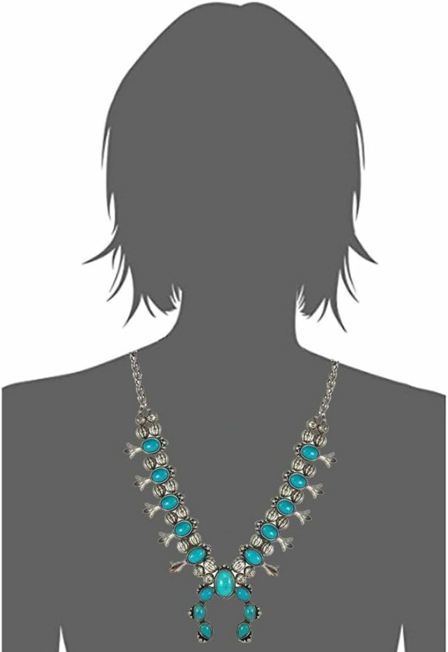 Wonderent Turquoise Squash Blossom Vintage Metal Statement Necklace/W Earrings No.95 Jewelry Sets