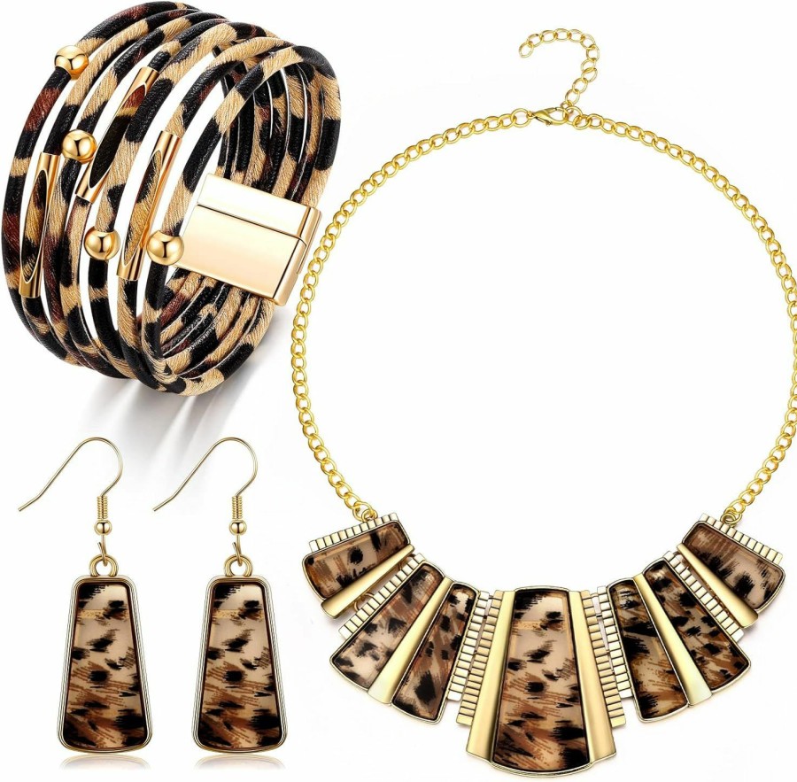 Junkin 3 Pieces Leopard Necklace Earrings Bracelets Jewelry Set Women Bohemia Leopard Print Bib Chain Necklace Bracelet Print Jewelry Multi Layer Pu Leather Wrist Cuff Wrap Bracelet Leopard Gift Accessories Jewelry Sets