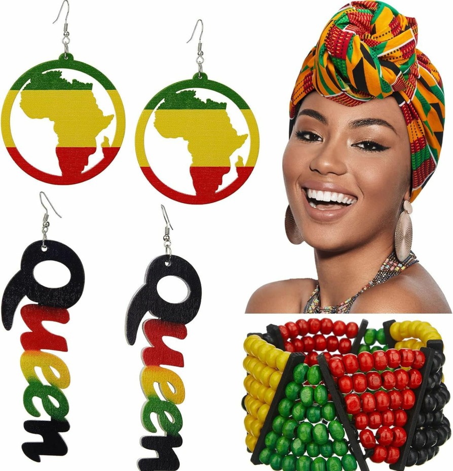 MTLEE Mtlee 4 Pieces Women Accessories Including African Turban Wood African Earrings And Jamaican Bracelet For Women Teenagers And Girls Jewelry Sets