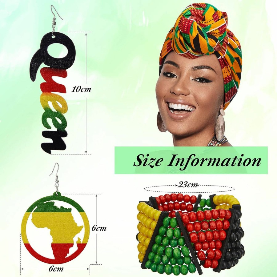 MTLEE Mtlee 4 Pieces Women Accessories Including African Turban Wood African Earrings And Jamaican Bracelet For Women Teenagers And Girls Jewelry Sets