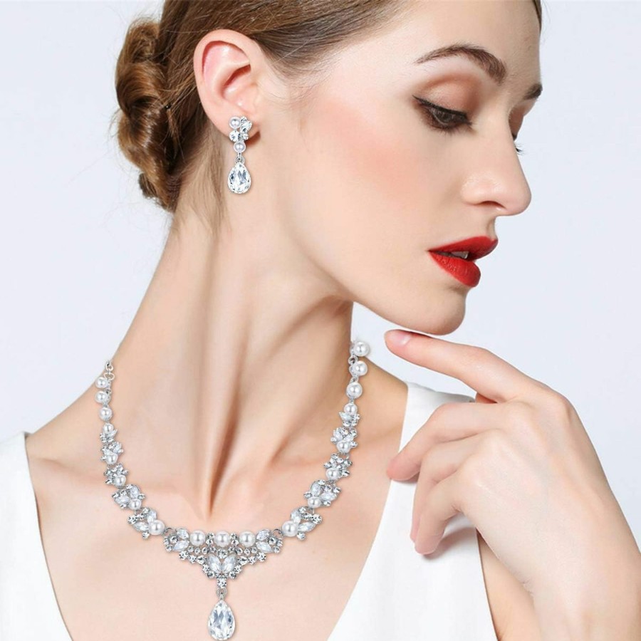 EVER FAITH Ever Faith Women'S Crystal Simulated Pearl Elegant Bridal Banquet Waterdrop Necklace Earrings Set Jewelry Sets