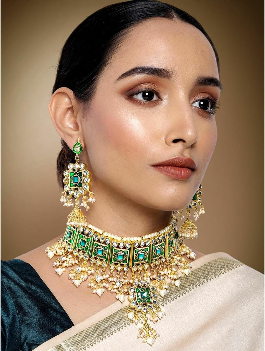 Aheli Aheli Faux Kundan Choker Necklace With Earring Maang Tikka Indian Traditional Bollywood Ethnic Bridal Jewelry Set For Women (Green) Jewelry Sets