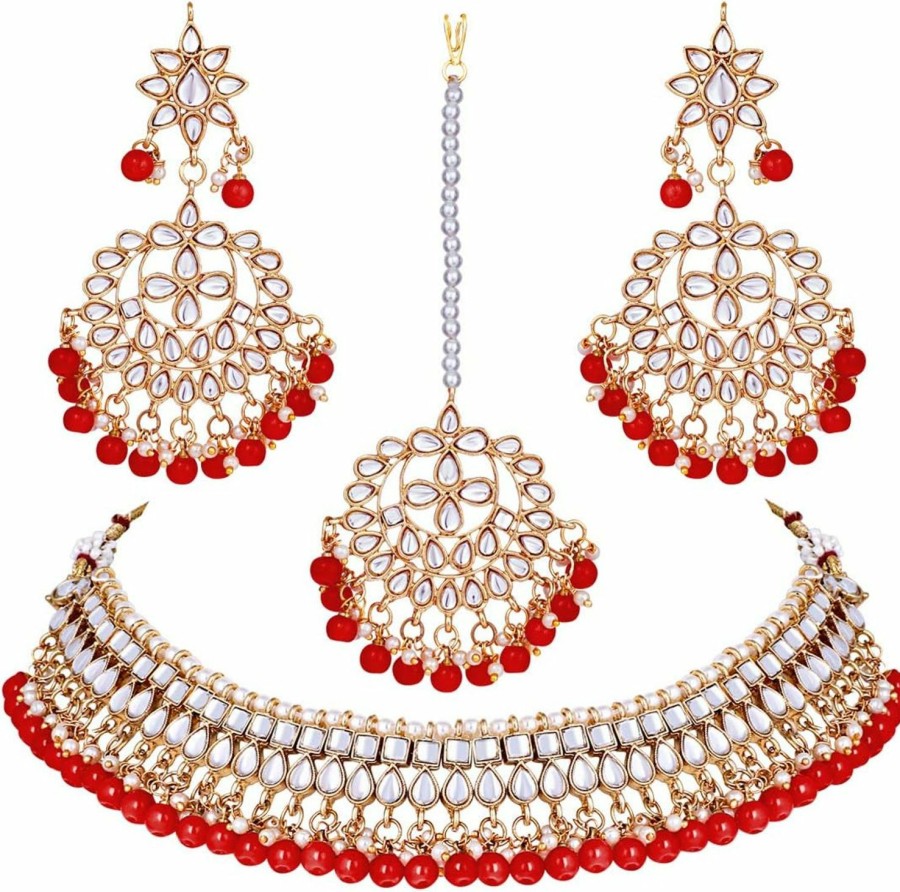 Aheli Aheli Faux Kundan Beaded Necklace Earrings Maang Tikka Indian Bollywood Ethnic Jewelry Set For Women (Red) Jewelry Sets