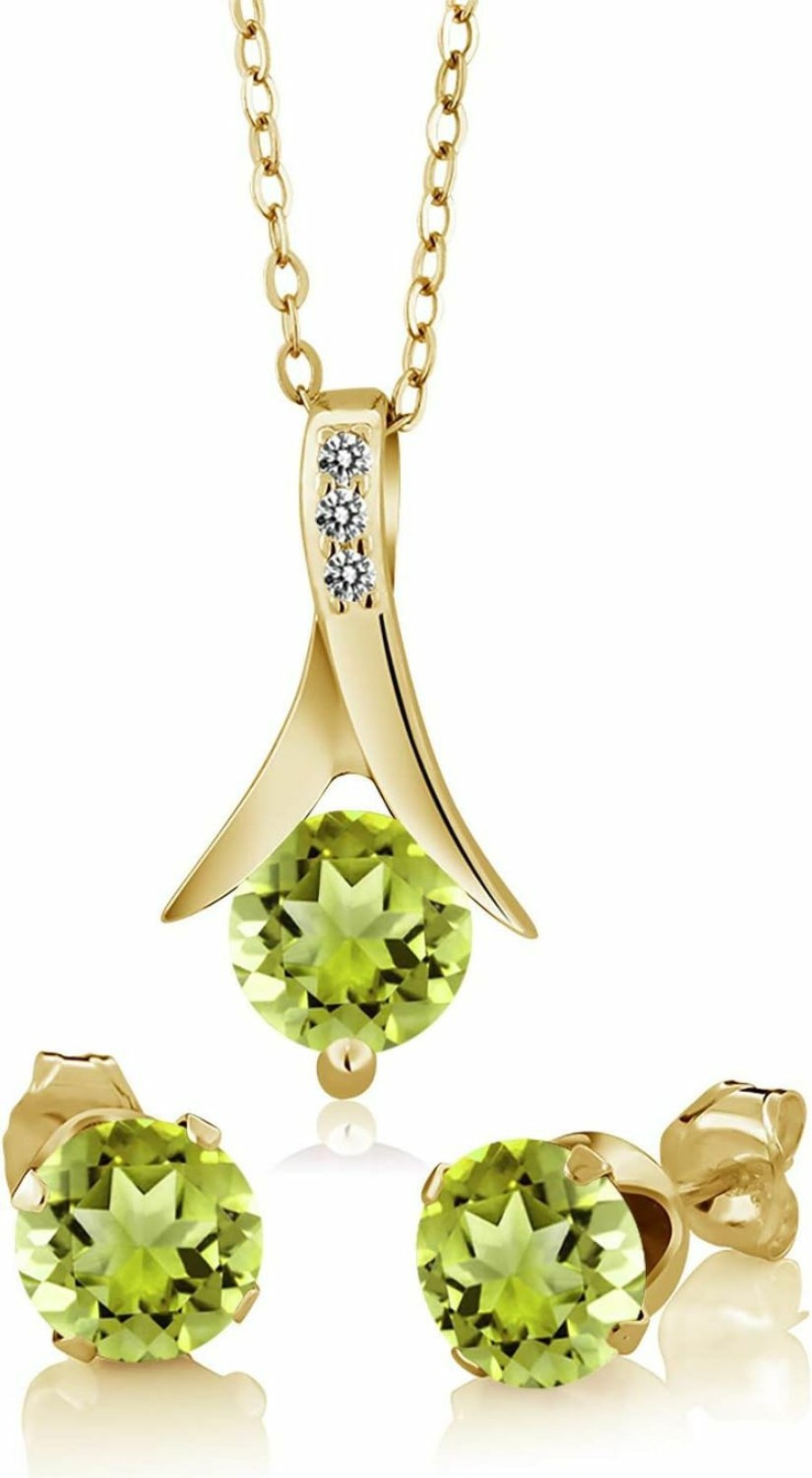 Gem Stone King Gem Stone King 18K Yellow Gold Plated Silver Green Peridot And White Diamond Pendant And Earrings Jewelry Set For Women (2.60 Cttw With 18 Inch Chain) Jewelry Sets