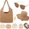 Bunnycool Bunnycool 9 Pcs Women Beach Tote Bag Boho Sun Straw Floppy Hat Summer Retro Round Sunglasses Rattan Earrings Long Leaf Pendant Necklace Leopard Bracelet For Women Girls Jewelry Vacation Accessories Jewelry Sets