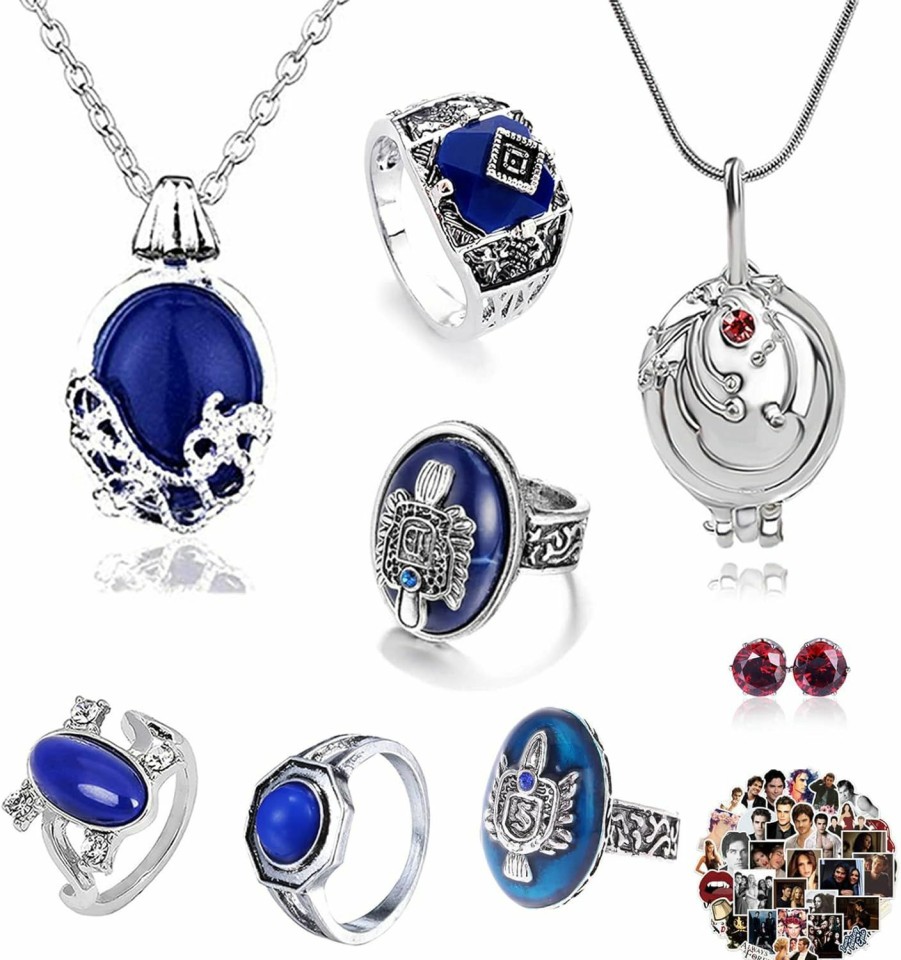 YouU Uoyu 28 Pcs The Vampire Diaries Jewelry Sticker Set Elena Gilbert Opening Vervain Locket Pendant Necklace Sapphire Crystal Daylight Family Vampire Crest Rings Diamond Stud Earrings Jewelry Sets