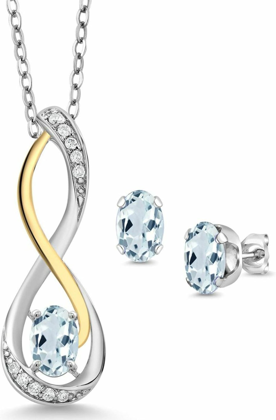 Gem Stone King Gem Stone King 925 Sterling Silver And 10K Yellow Gold Sky Blue Aquamarine And White G-H Lab Grown Diamond Infinity Pendant And Earrings Jewelry Set For Women (1.57 Cttw, With 18 Inch Chain) Jewelry Sets