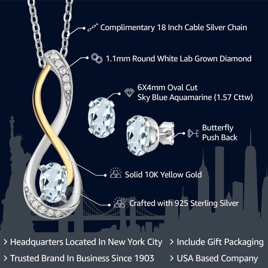 Gem Stone King Gem Stone King 925 Sterling Silver And 10K Yellow Gold Sky Blue Aquamarine And White G-H Lab Grown Diamond Infinity Pendant And Earrings Jewelry Set For Women (1.57 Cttw, With 18 Inch Chain) Jewelry Sets