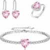 Crysdue Crysdue Pink Jewelry Set, Cubic Zirconia Heart Dangle Earrings Open Ring Tennis Bracelet Set, Birthday Anniversary Mothers Day Christmas Jewelry Gift For Women/Mom/Wife/Girls/Friend Jewelry Sets